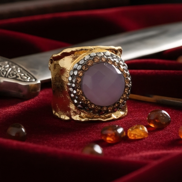 🆕️Boho Luxe Handmade Turkish Gold-Plated Wide Ring With Pink Cat’s Eye Hematite - Picture 6 of 12